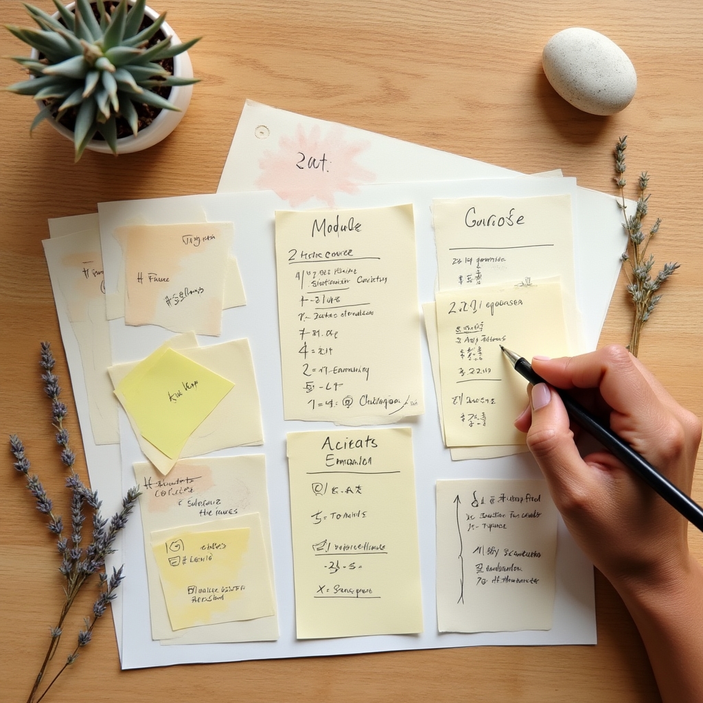Übersichtliche Darstellung einer Kursstruktur mit Post-its auf einer hellen Wand