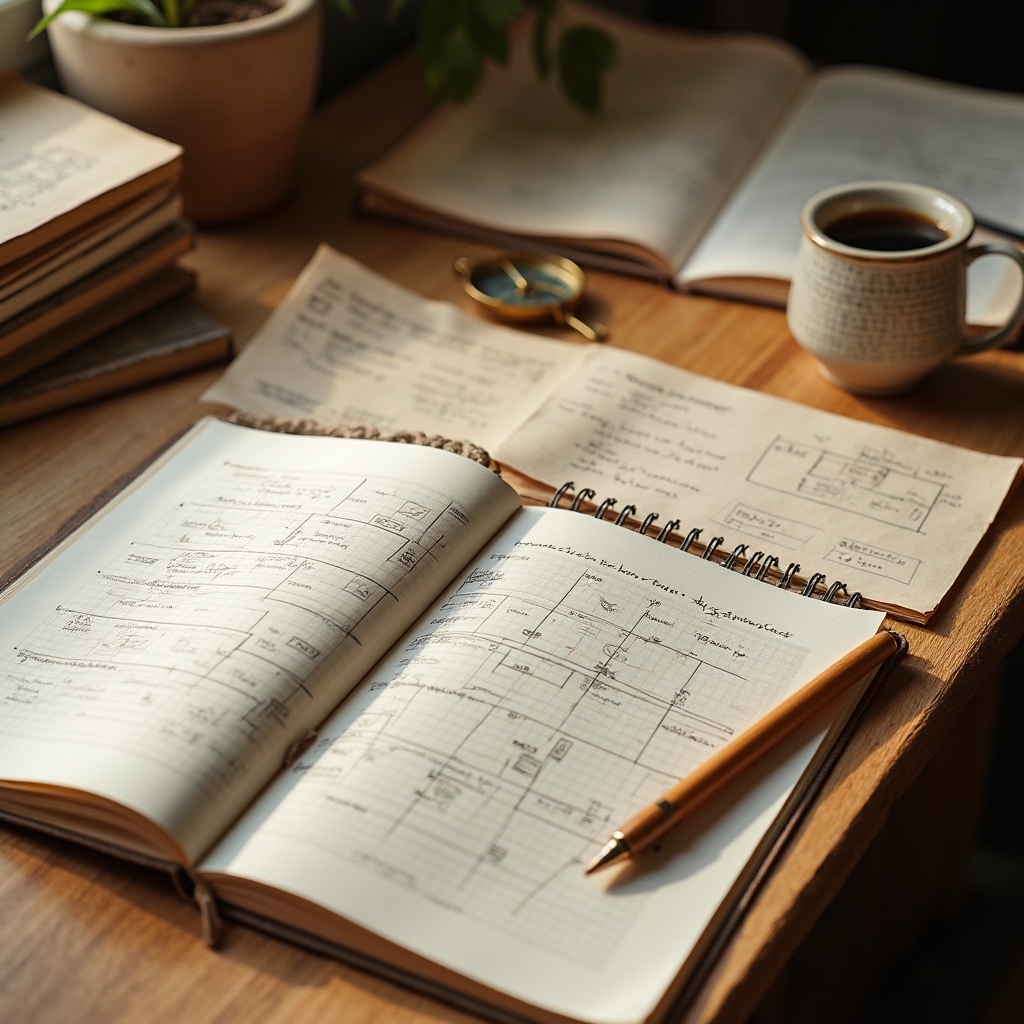 Arbeitsplatz mit Notizbüchern, Stiften und Entscheidungsdiagrammen auf einem Holztisch
