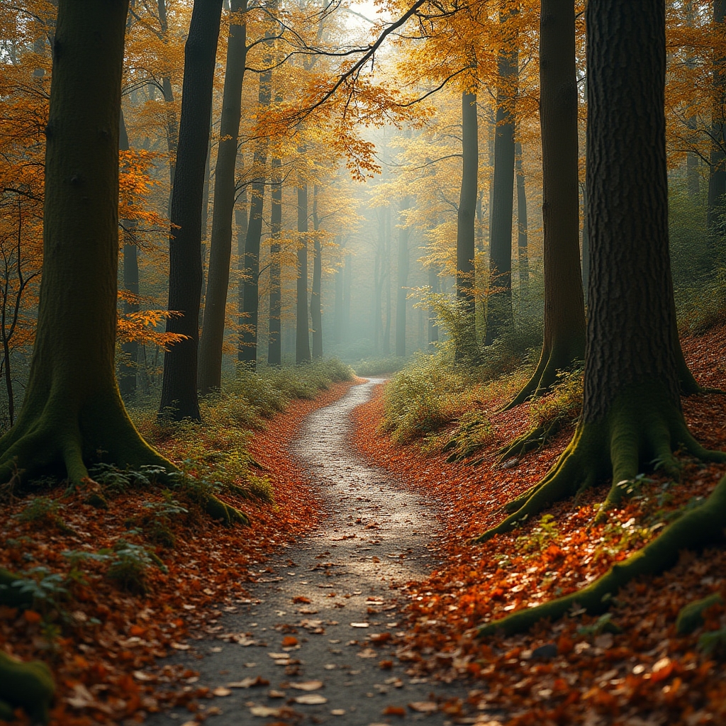 Schmaler Pfad durch einen herbstlichen Wald mit mehreren Weggabelungen