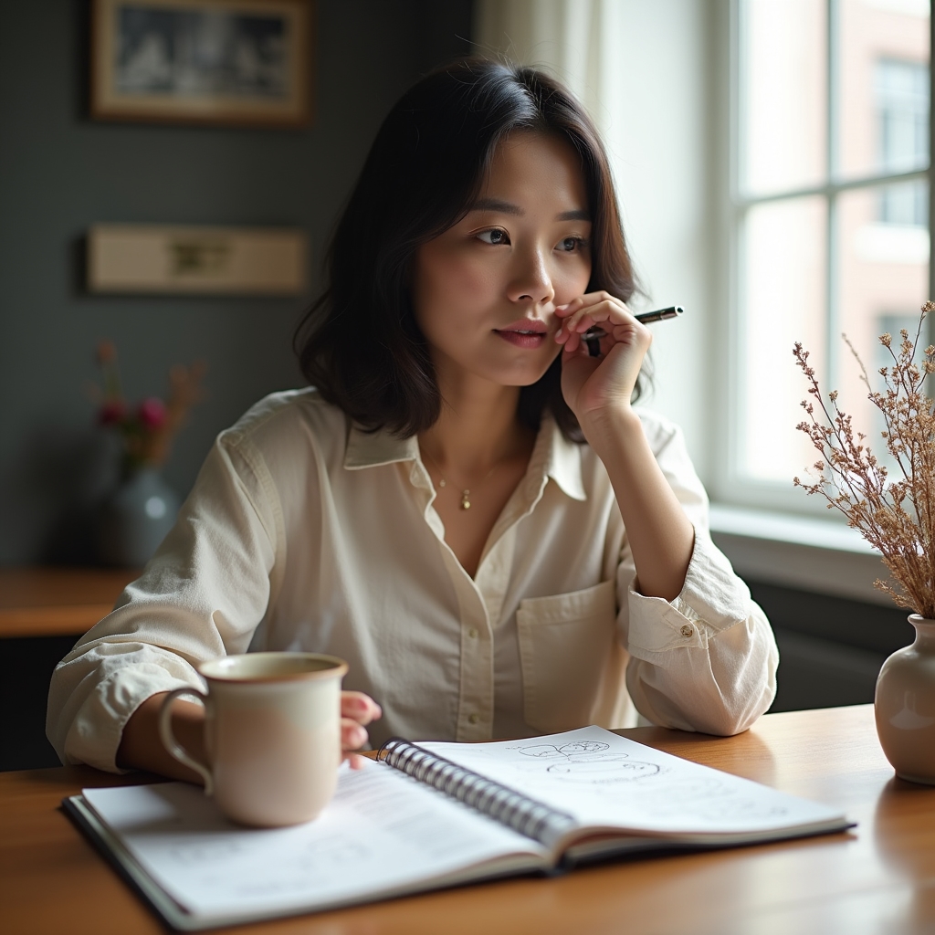 Person reflektiert alleine am Schreibtisch mit Notizbuch und Kaffee
