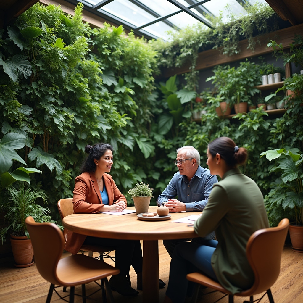 Kleines Team diskutiert in einem mit Pflanzen gestaltetem Büro um einen runden Tisch